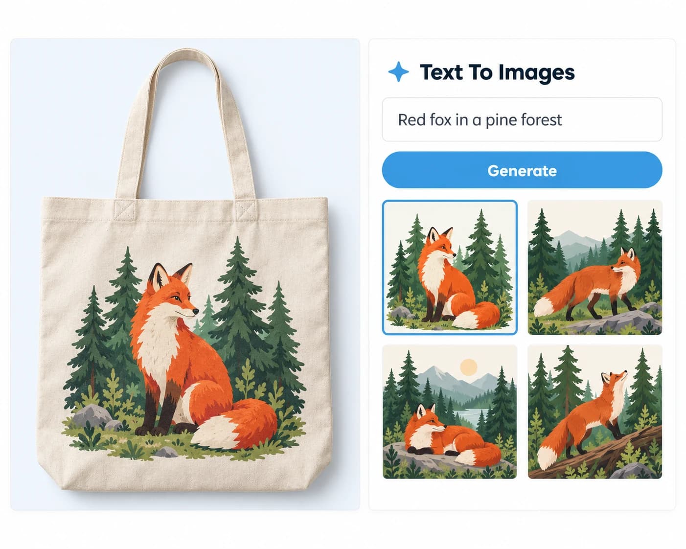 Text-to-image panel with a prompt and four generated fox illustrations, one of them printed on a tote bag