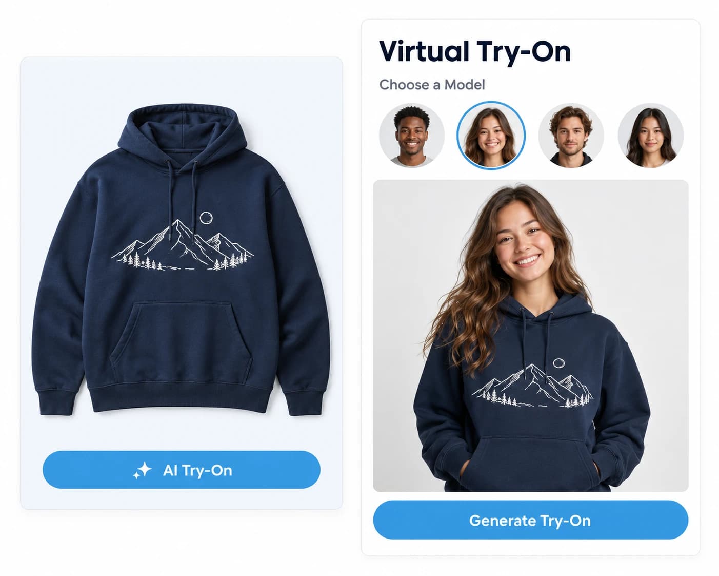 Virtual Try-On panel with model selection and a model wearing the hoodie design from the customizer