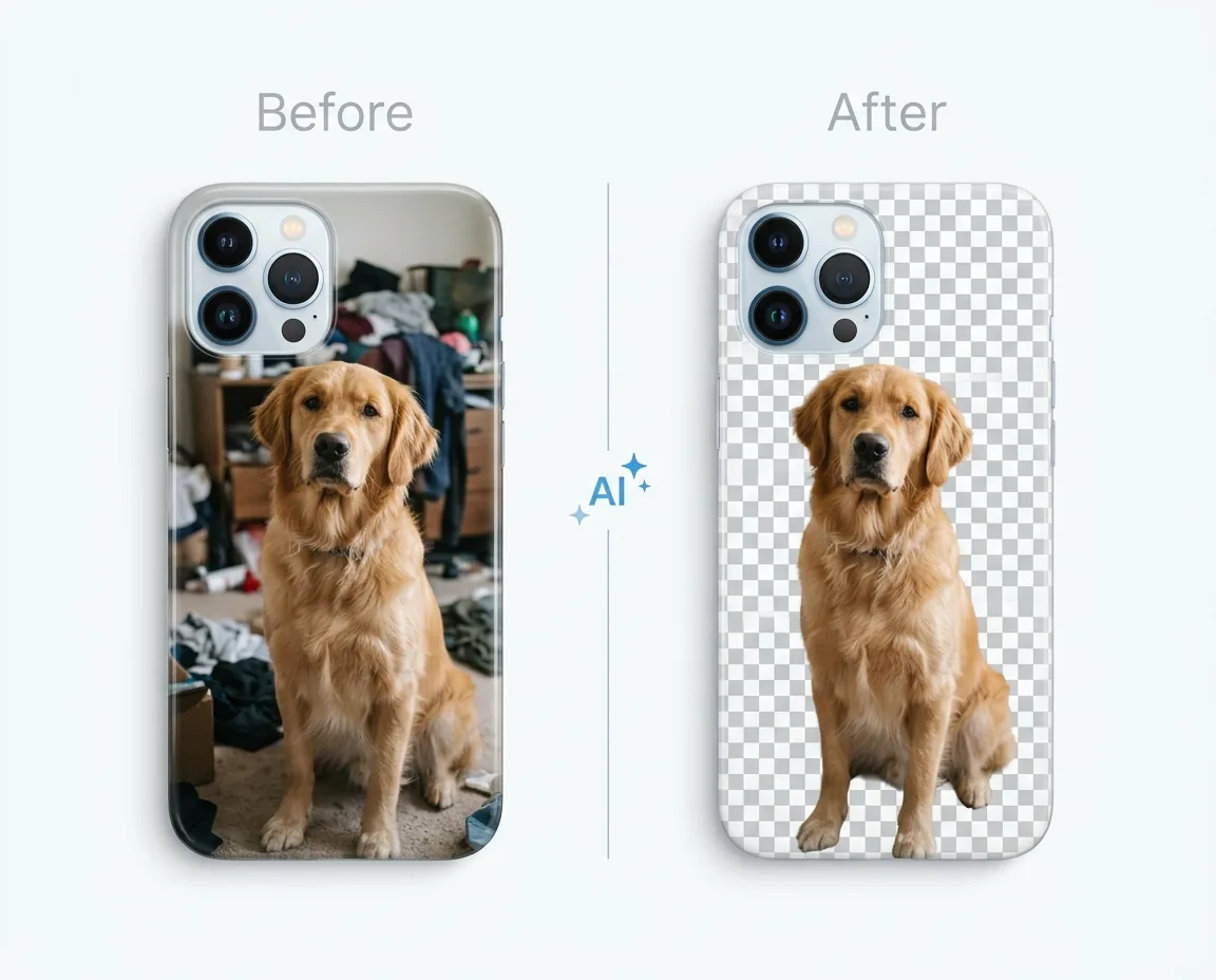 Before and after comparison of AI background removal on a phone case design