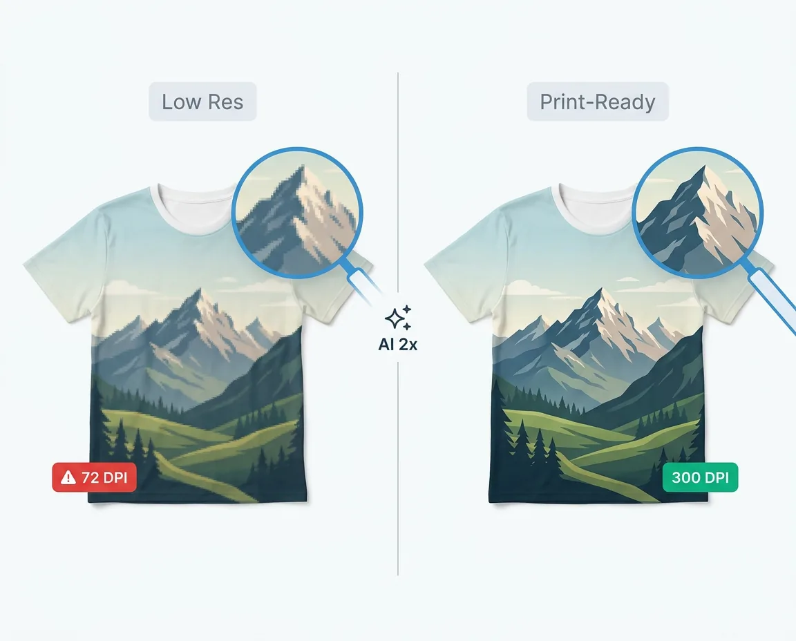 Split comparison showing low-res 72 DPI vs print-ready 300 DPI t-shirt design