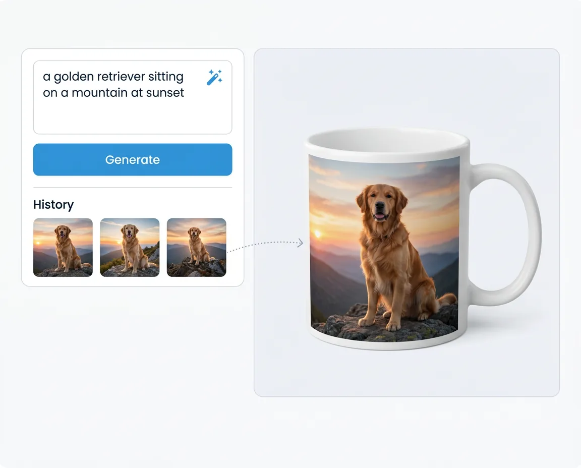 Text-Prompt generiert das Bild eines Golden Retrievers und platziert es auf einer individuellen Tasse