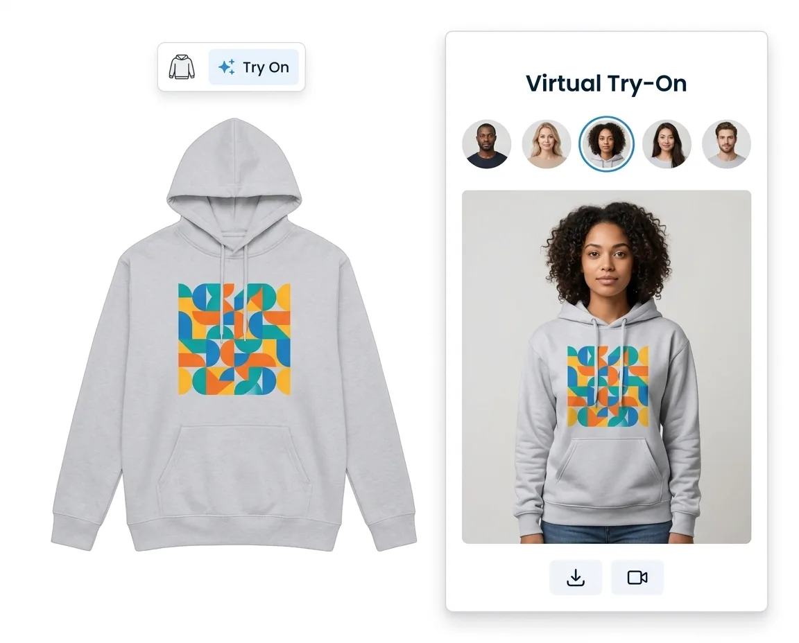 Virtual try-on interface showing a hoodie design previewed on an AI-generated model