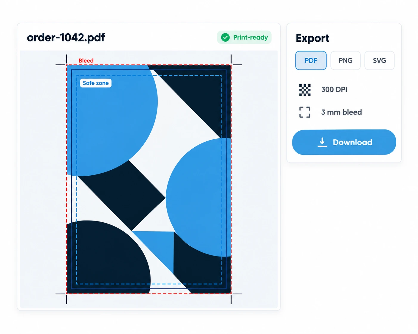 Chamevo export panel with file formats, resolution and a page preview with bleed