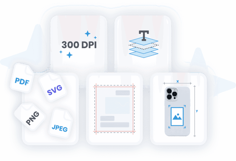 Chamevo print-ready file generation showing bleed zones and export settings