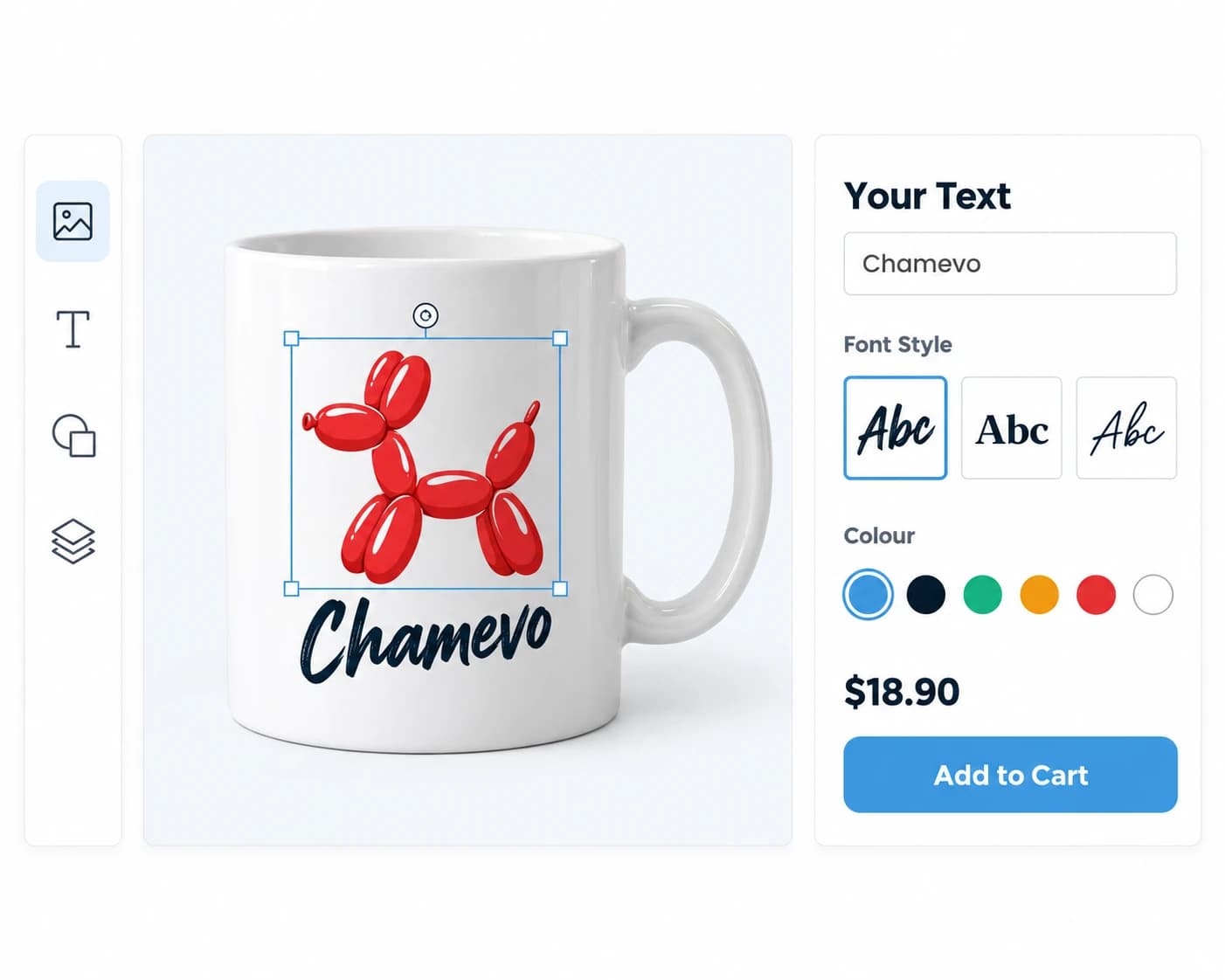 Chamevo product customizer with a mug: a customer places a graphic, adds custom text, and picks a font and color