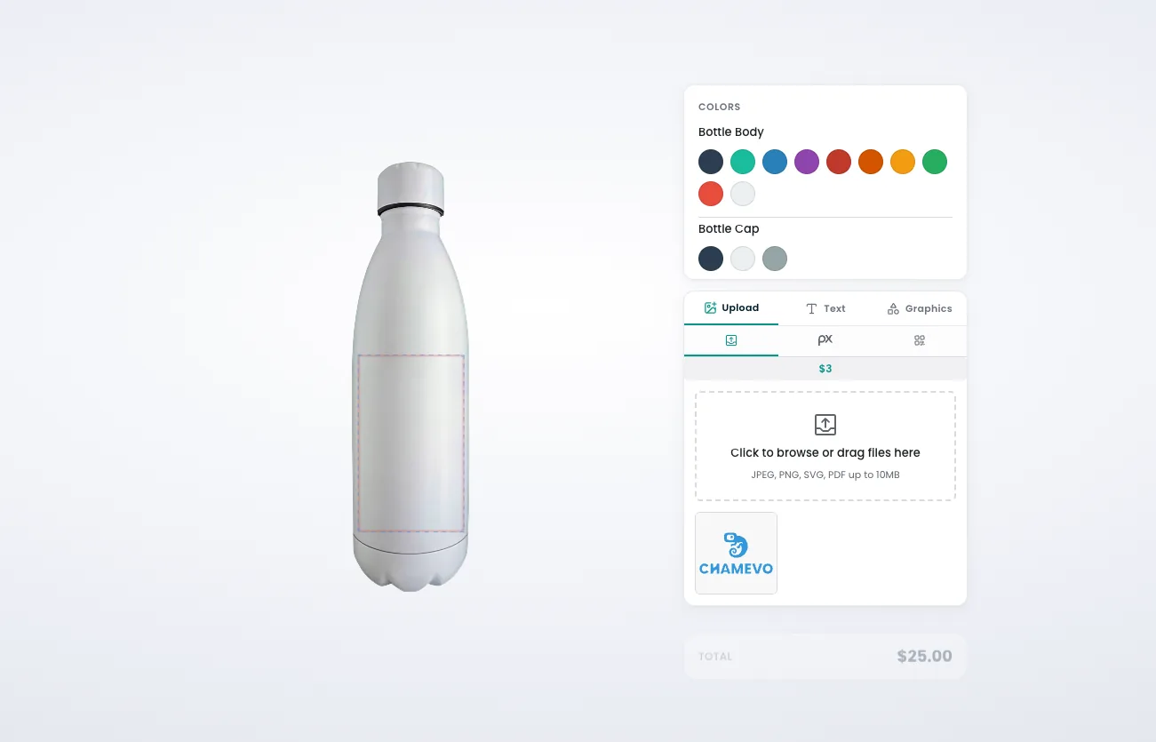 Water bottle customizer with color options and image upload