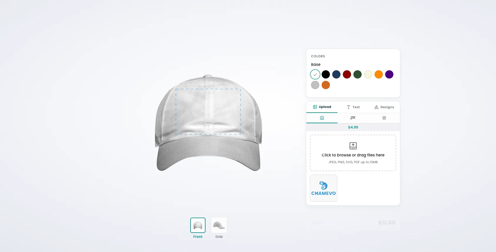 Cap designer with front and side views, color and logo options