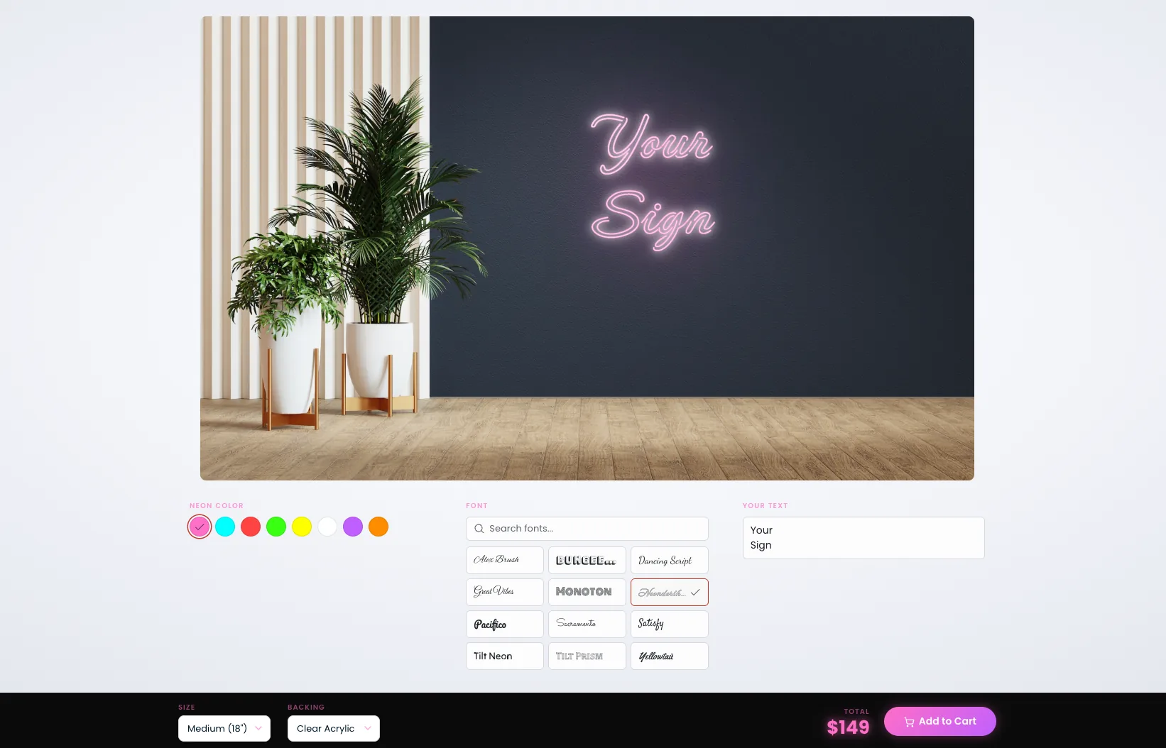 Neon sign designer with custom text, fonts, colors, and sizing options