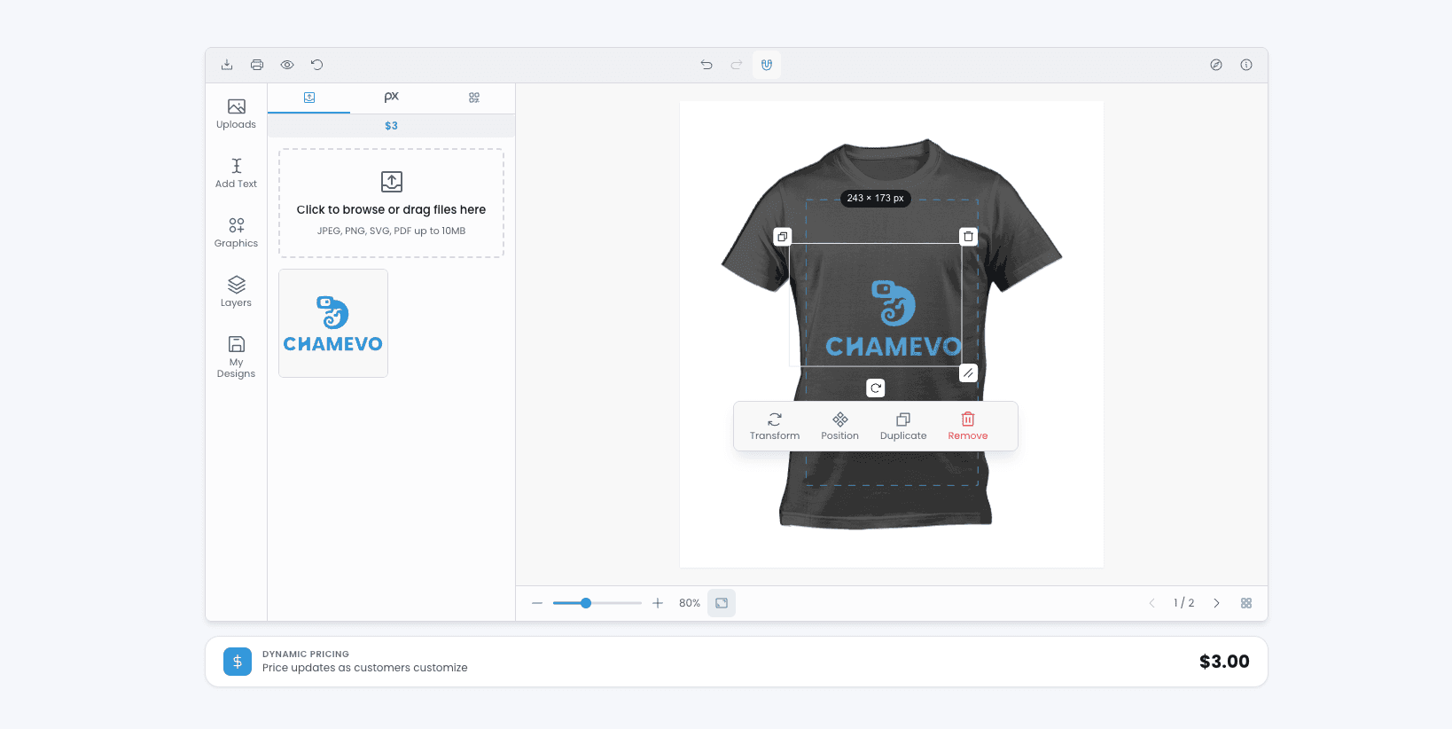 T-shirt in the Chamevo product customizer