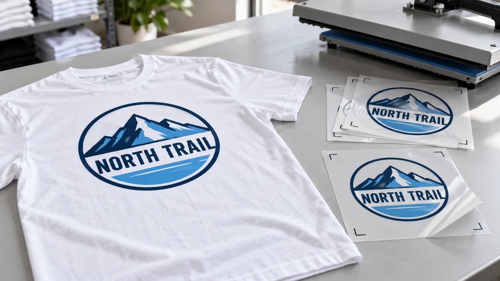 A white T-shirt with a printed mountain badge next to the matching print-ready DTF transfer sheets with crop marks
