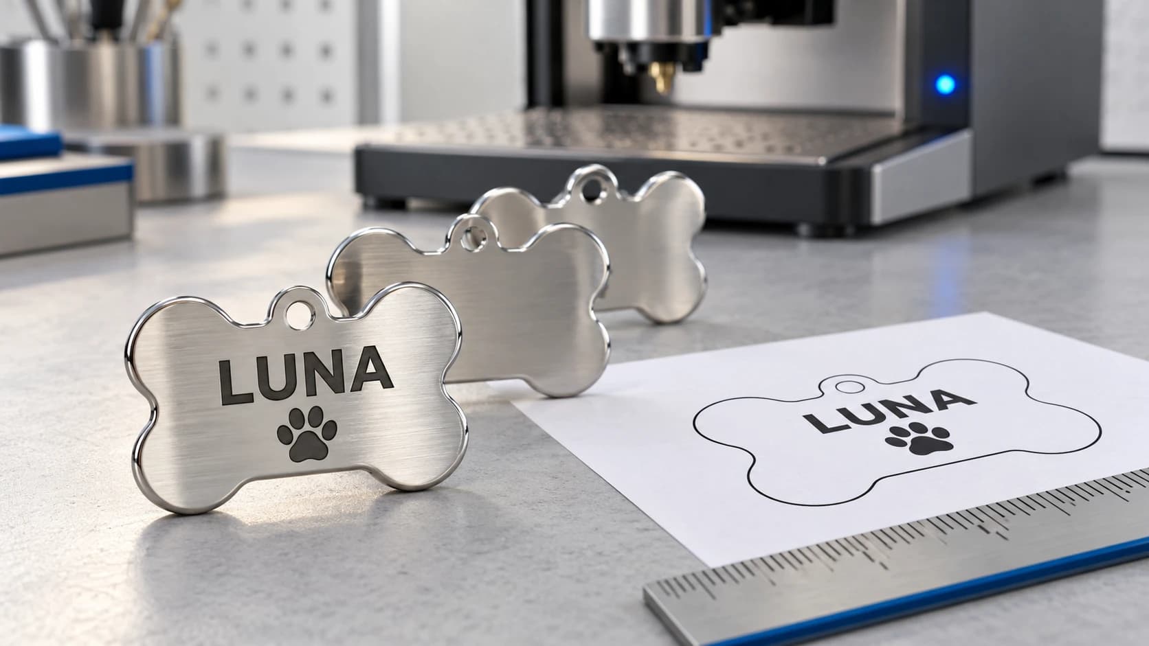Stainless steel bone-shaped dog tags engraved with LUNA next to a printed vector proof of the tag outline