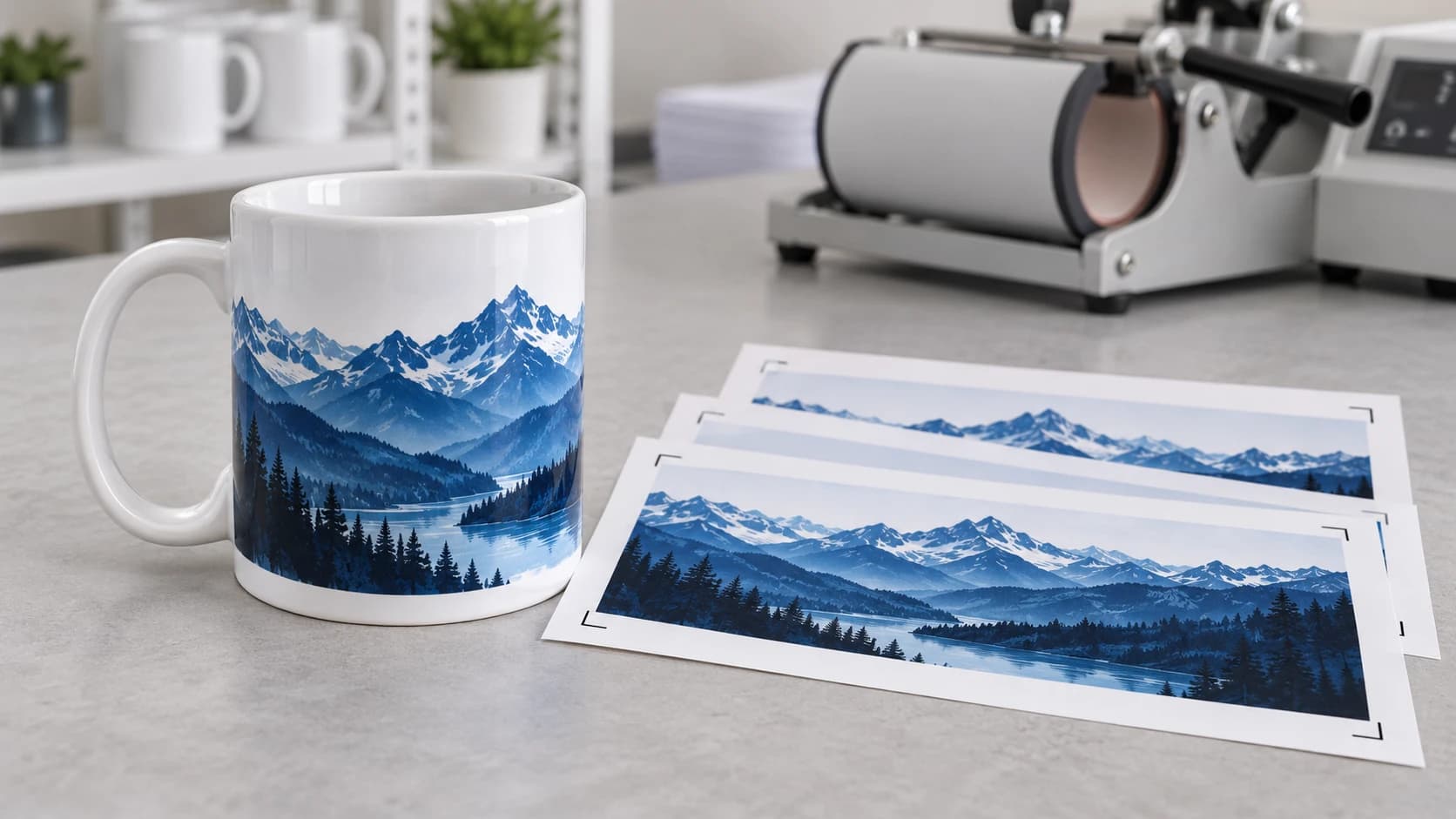 A white mug with a wrap-around mountain print next to the matching sublimation transfer sheets with crop marks
