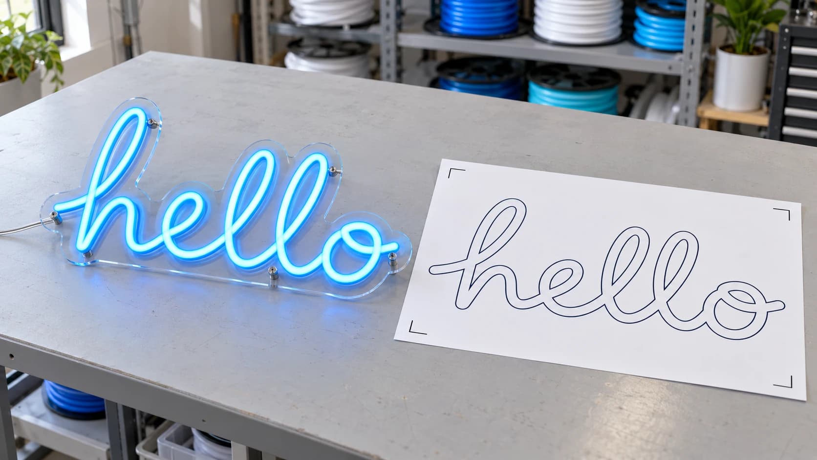 A blue LED neon sign reading hello next to its 1:1 production template with crop marks