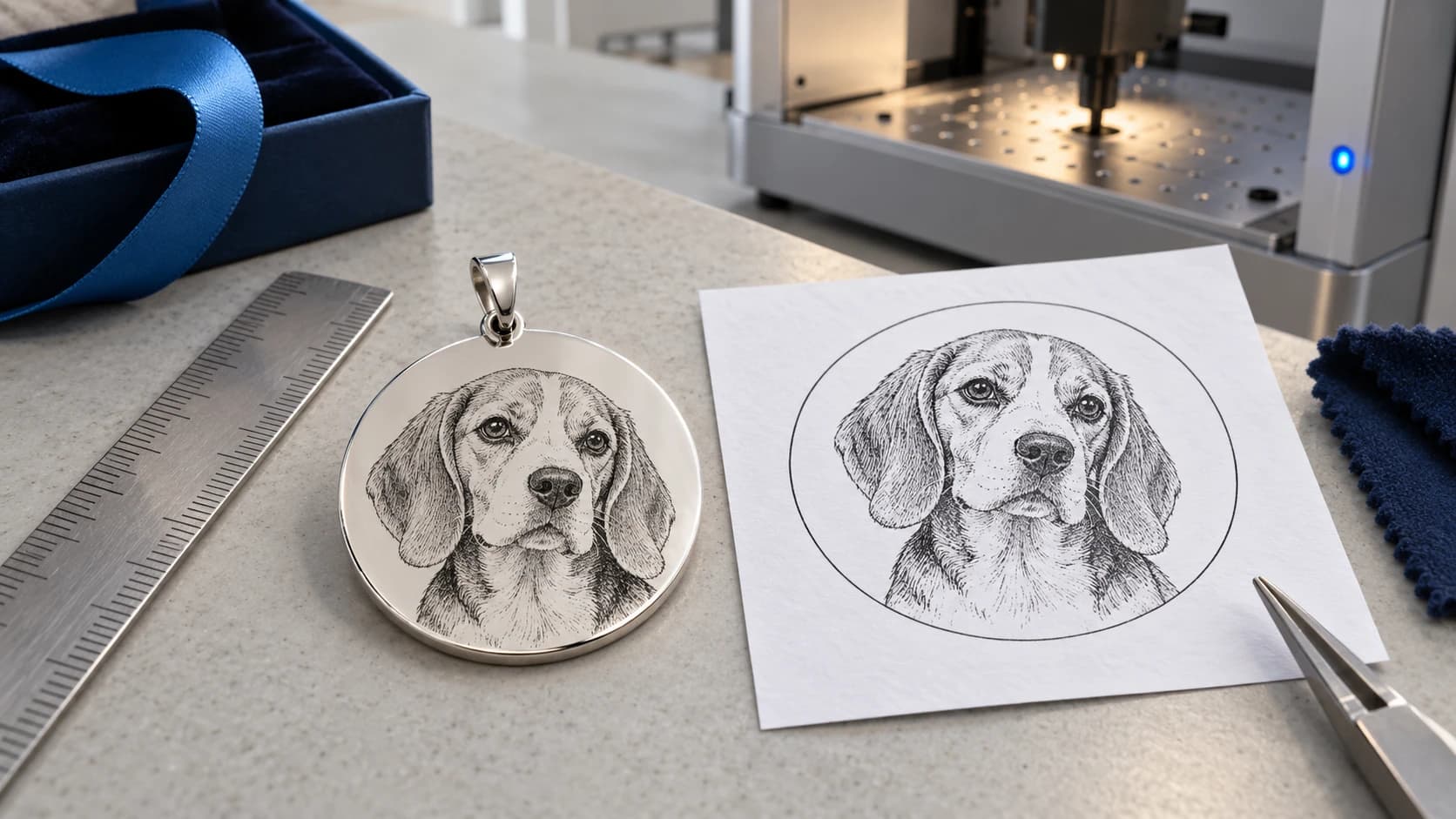 A silver disc pendant engraved with a line-art beagle portrait next to its vector proof sheet and a fibre laser