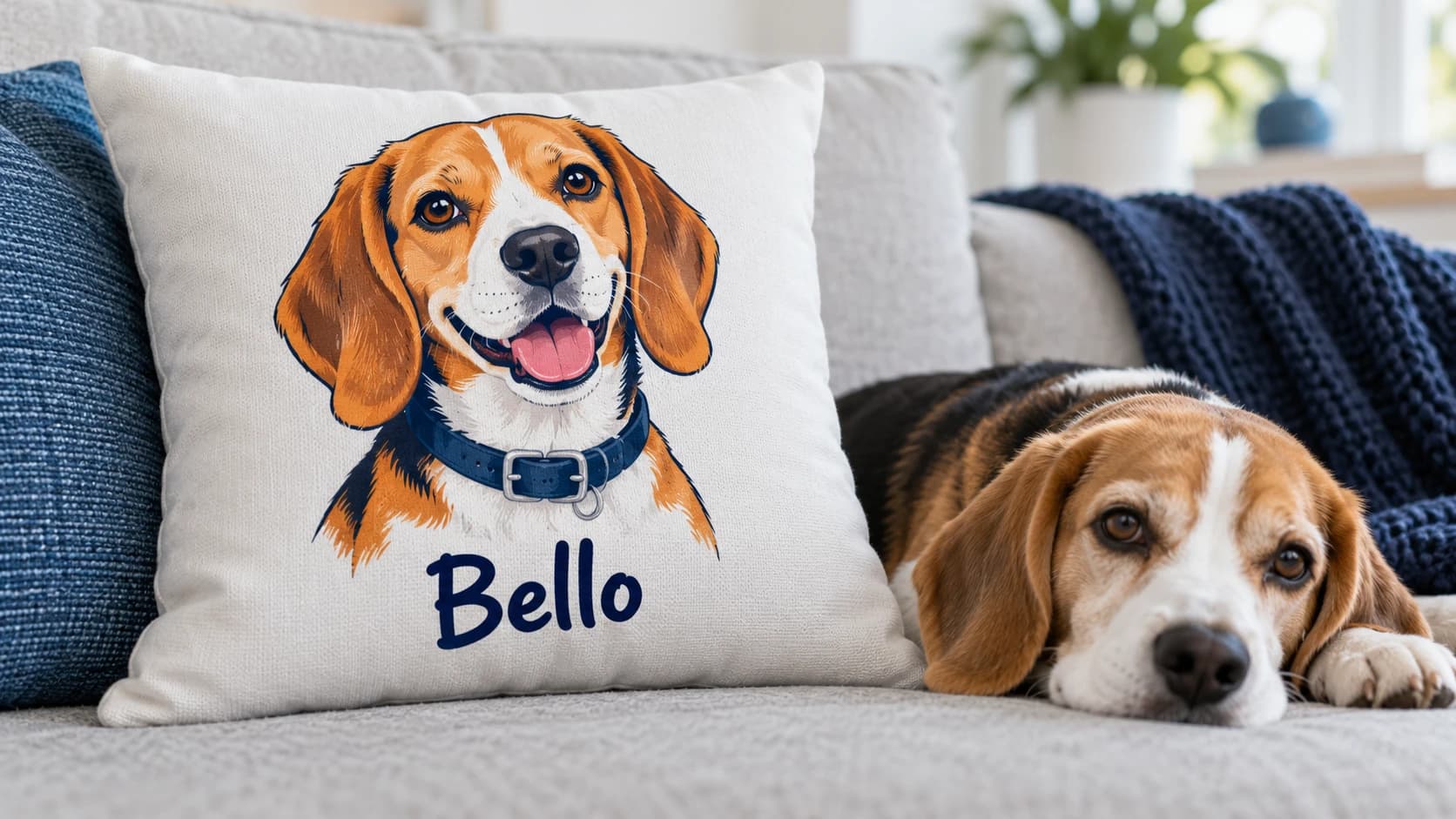 Throw pillow printed with a cartoon beagle portrait and the name Bello, next to a beagle on a sofa