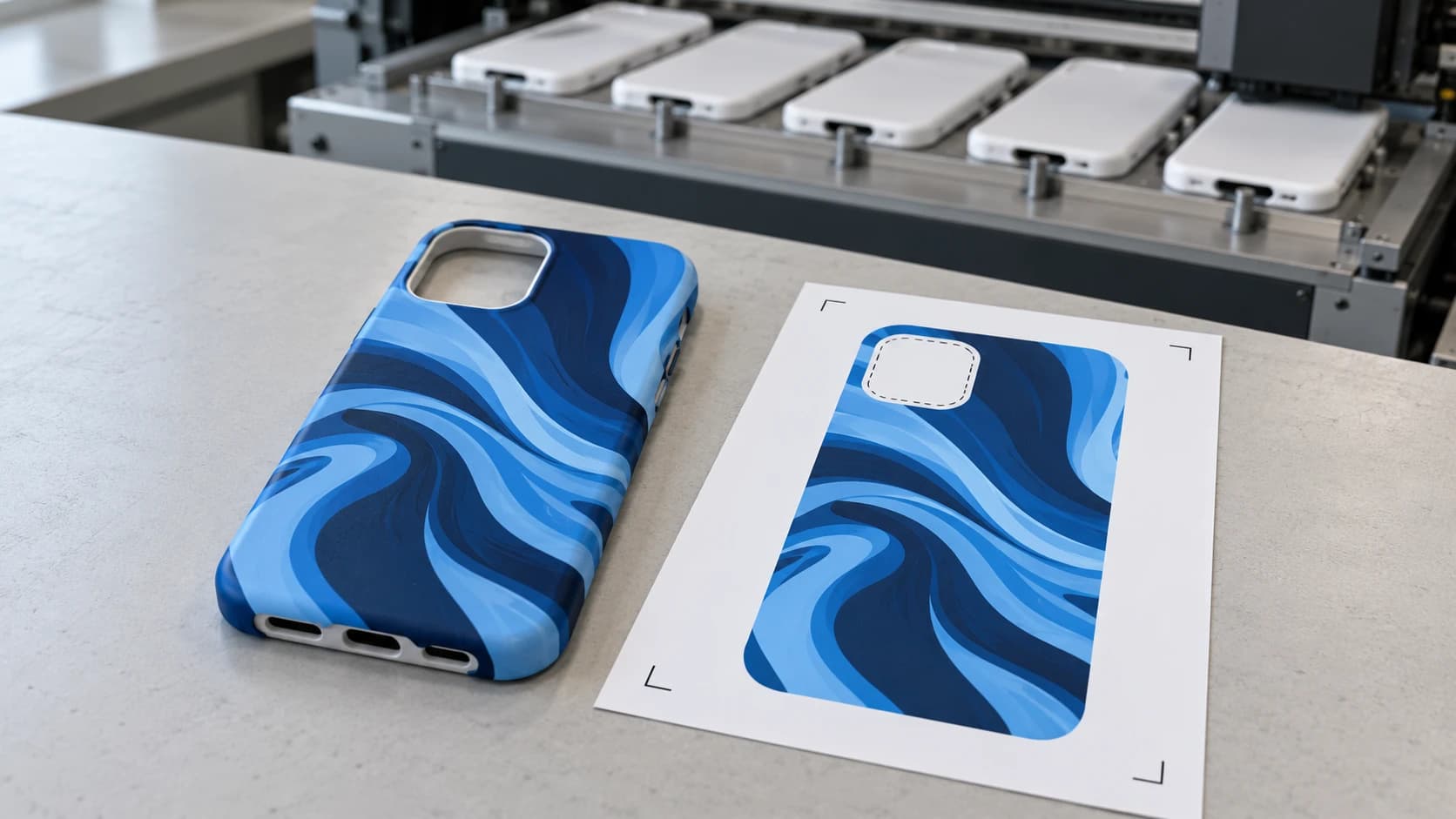 A phone case printed with a blue wave pattern next to its print-ready template with the camera cutout and crop marks