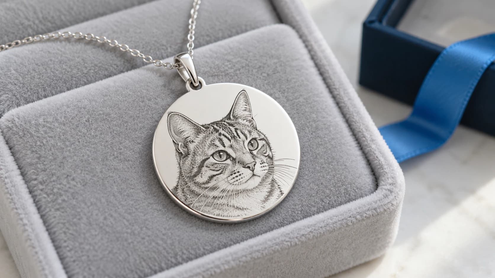 Silver disc pendant engraved with a line-art portrait of a tabby cat
