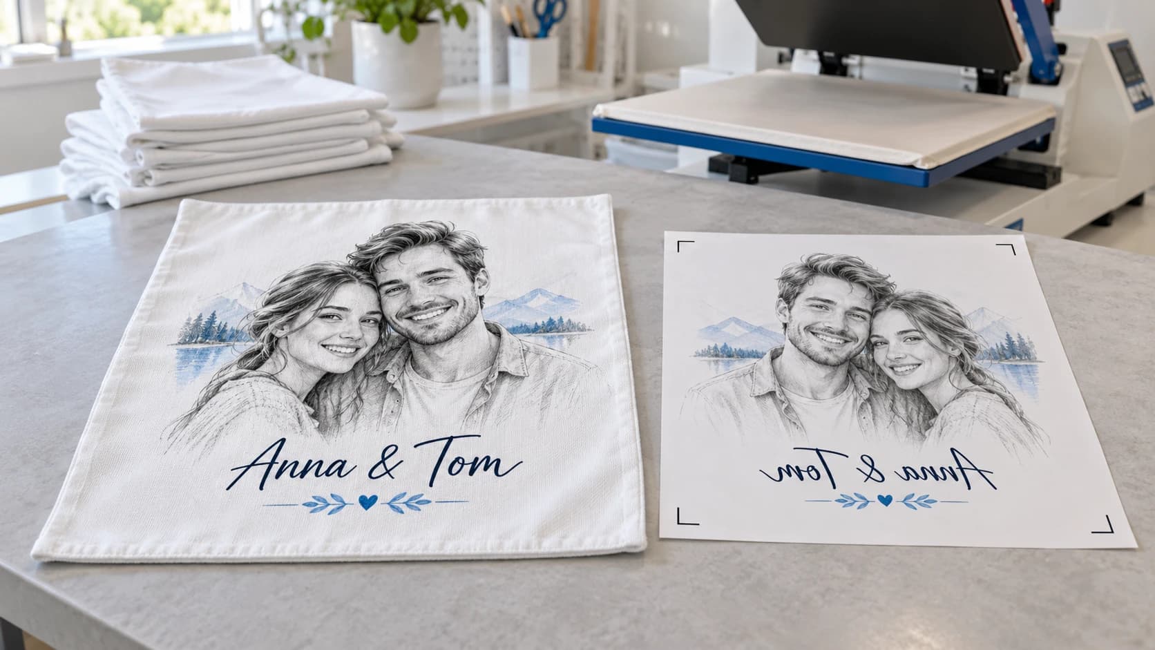 A white pillow cover printed with a pencil-sketch couple portrait next to its mirrored sublimation transfer sheet with crop marks