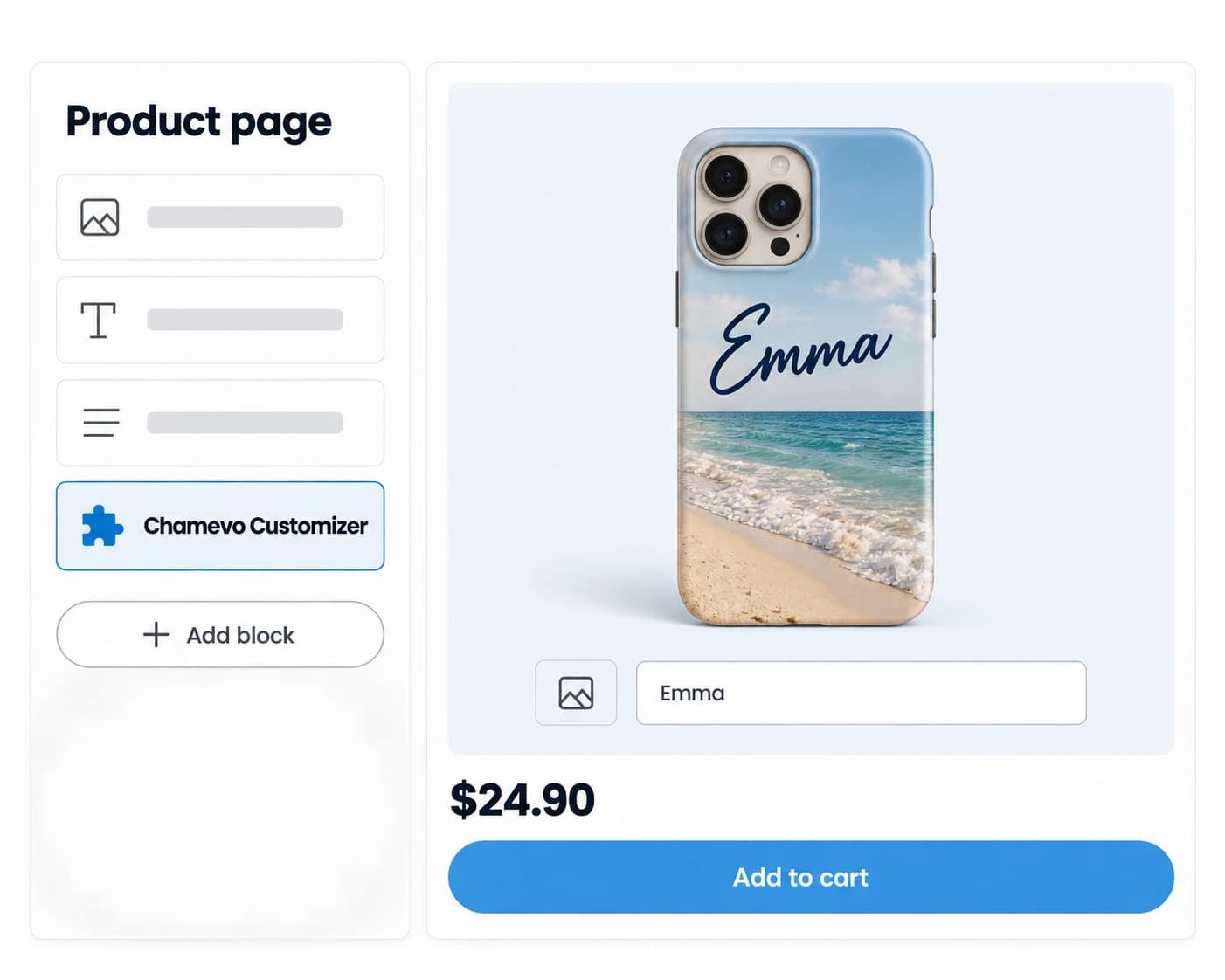 Shopify theme editor with the Chamevo Customizer App Block on a phone case product page