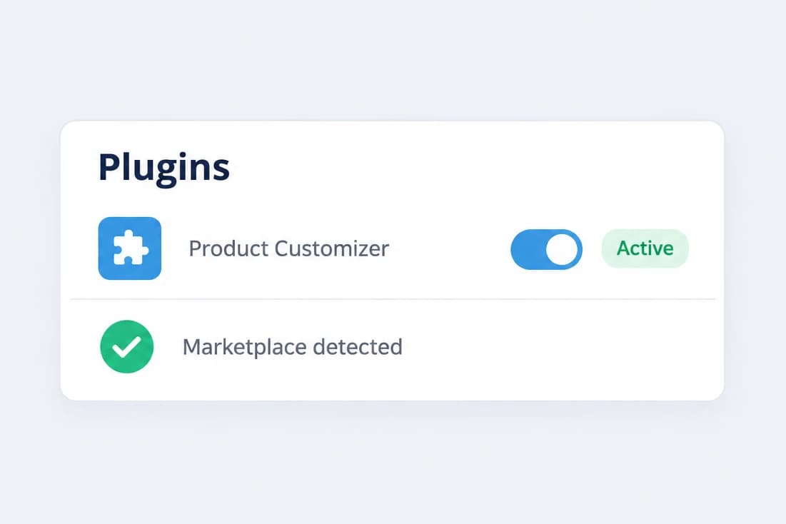 Plugin list with the product customizer switched on and the marketplace detected