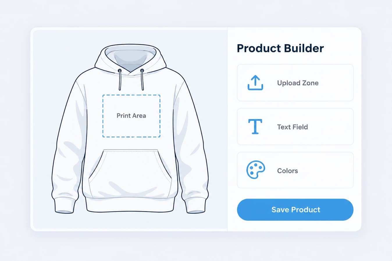 Product Builder with a hoodie, a marked print area, and options for upload zone, text field, and colors