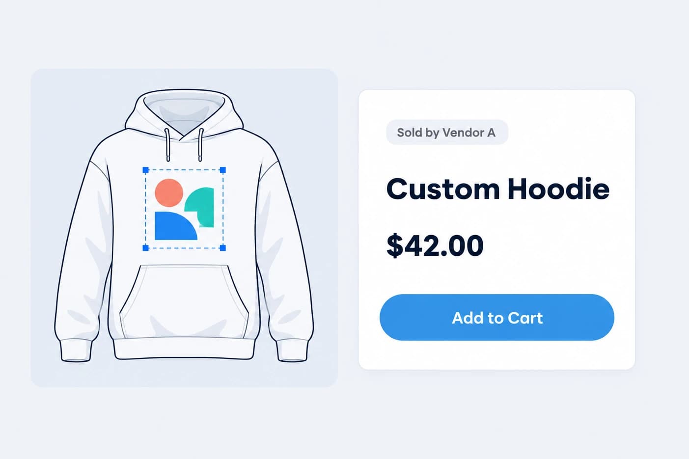 Customized hoodie next to a product card showing the vendor, price, and Add to Cart button