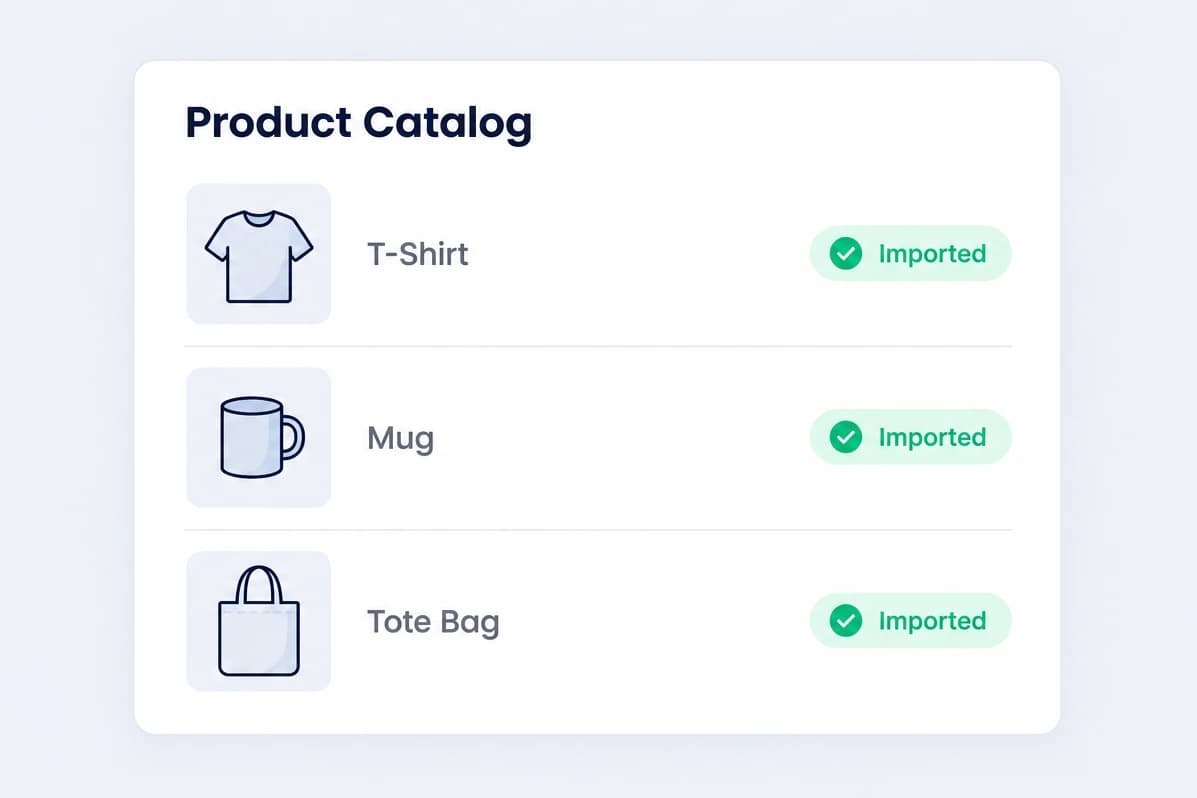 Product catalog list with T-shirt, mug, and tote bag marked as imported