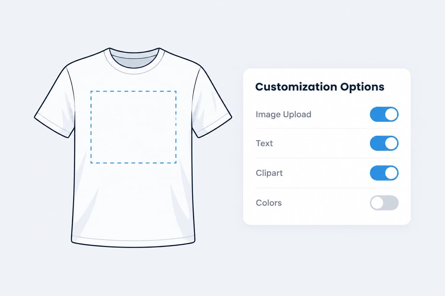 T-shirt with marked print area next to toggles for image upload, text, clipart, and colors