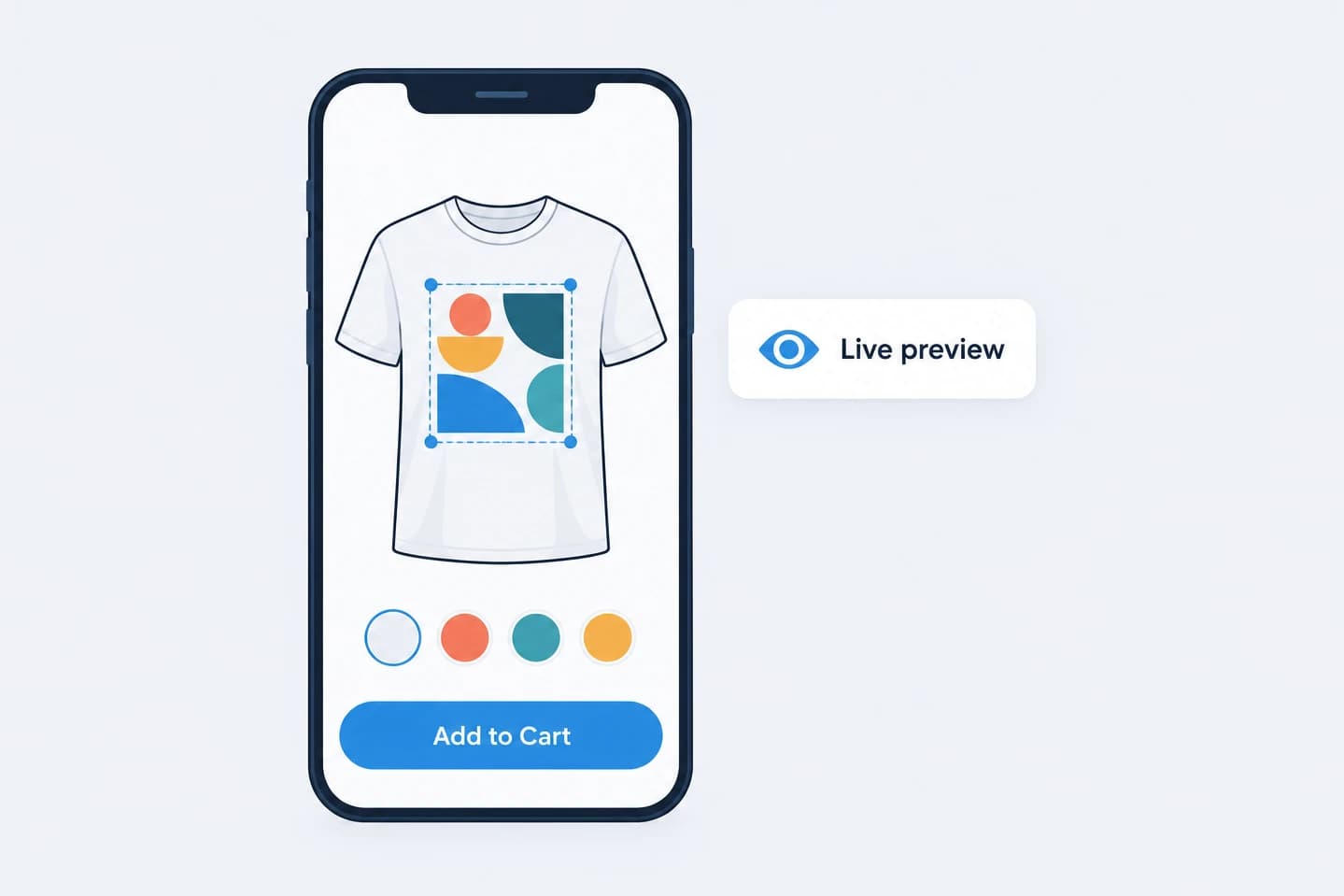 Phone showing a t-shirt with uploaded artwork, color swatches, and an Add to Cart button