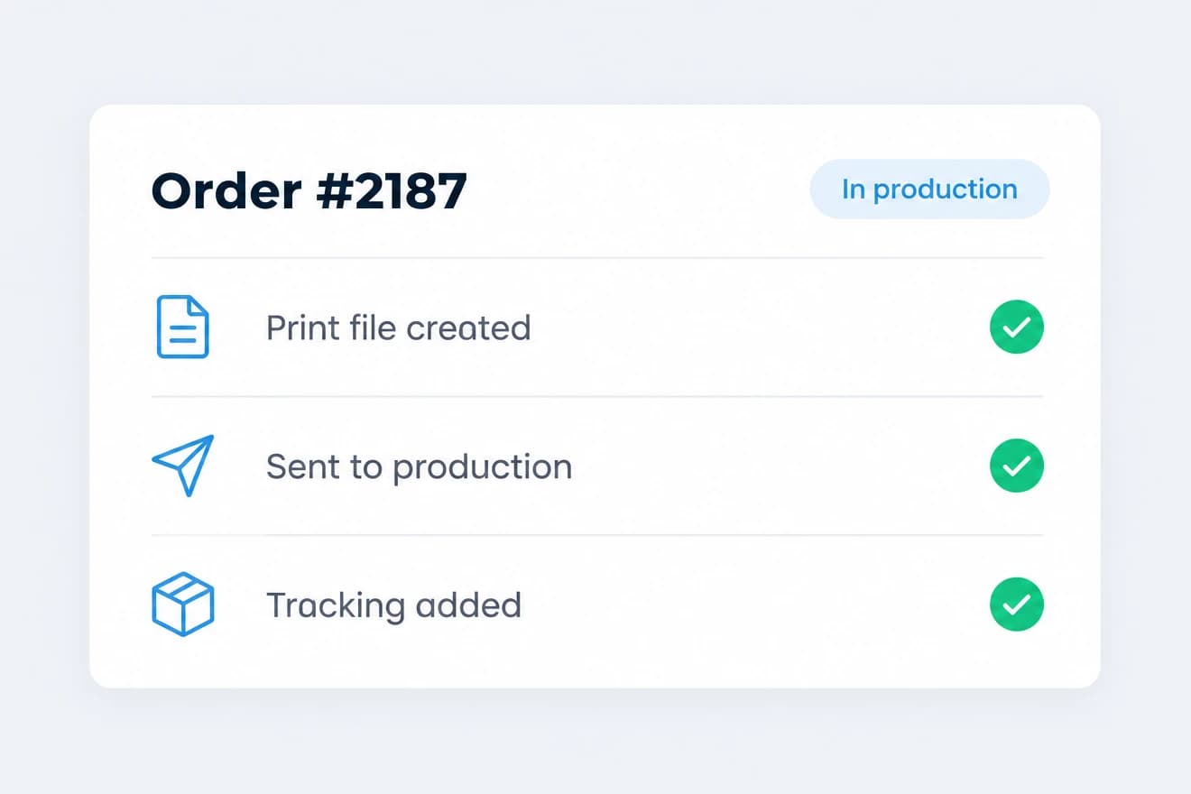 Order card showing print file created, sent to production, and tracking added