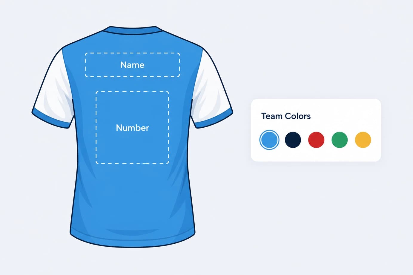 Jersey back with marked zones for name and number next to a team color palette