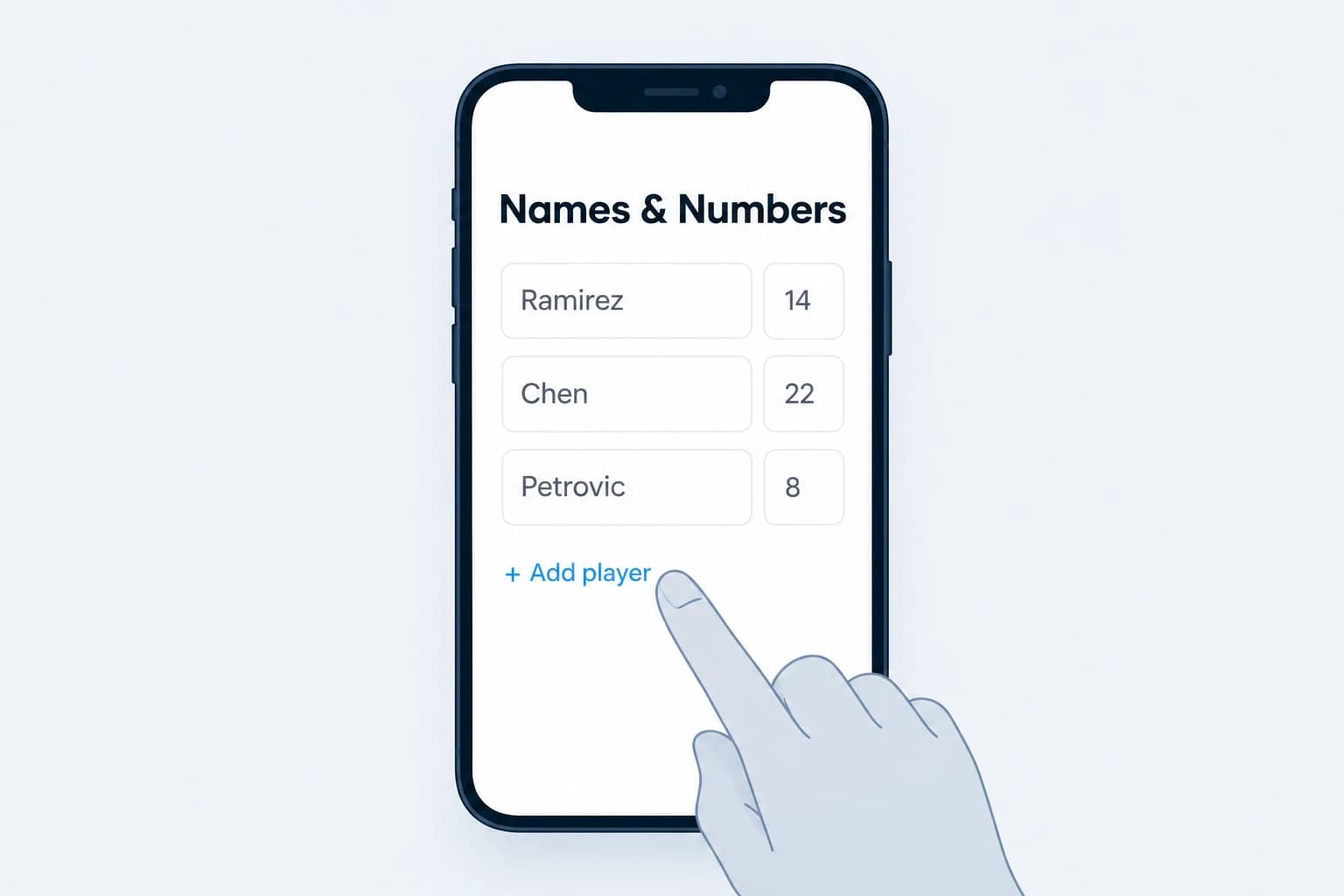 Phone showing the Names & Numbers module with three players entered