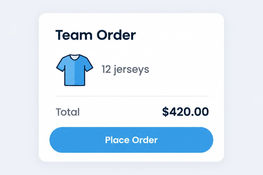 Team order summary with 12 jerseys, the total, and a Place Order button