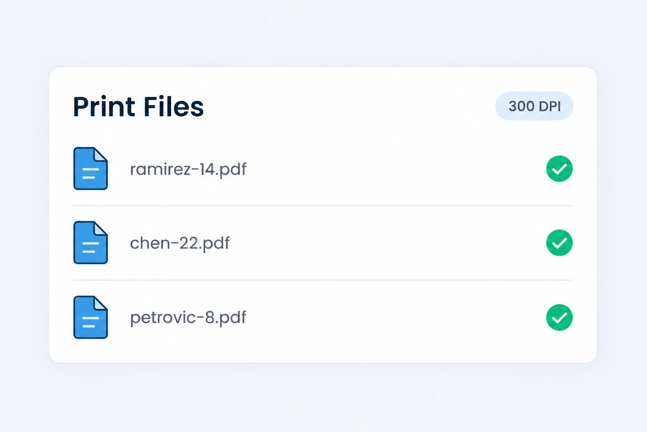 List of print files, one PDF per player, each marked as ready at 300 DPI