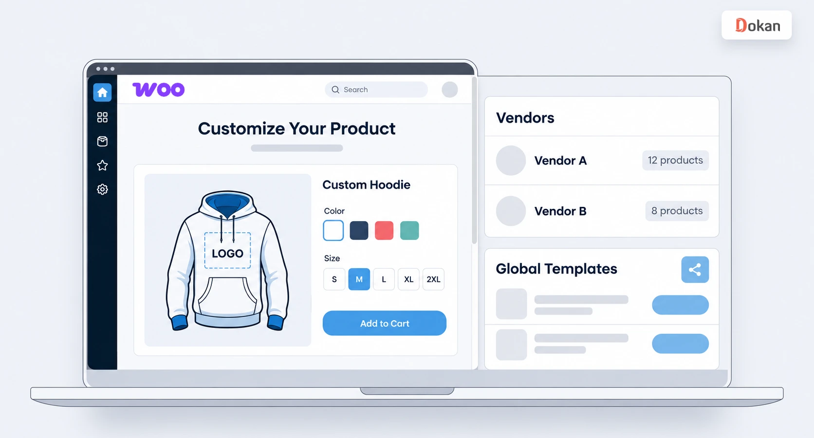 Dokan WooCommerce marketplace with product customizer showing vendor isolation and global templates