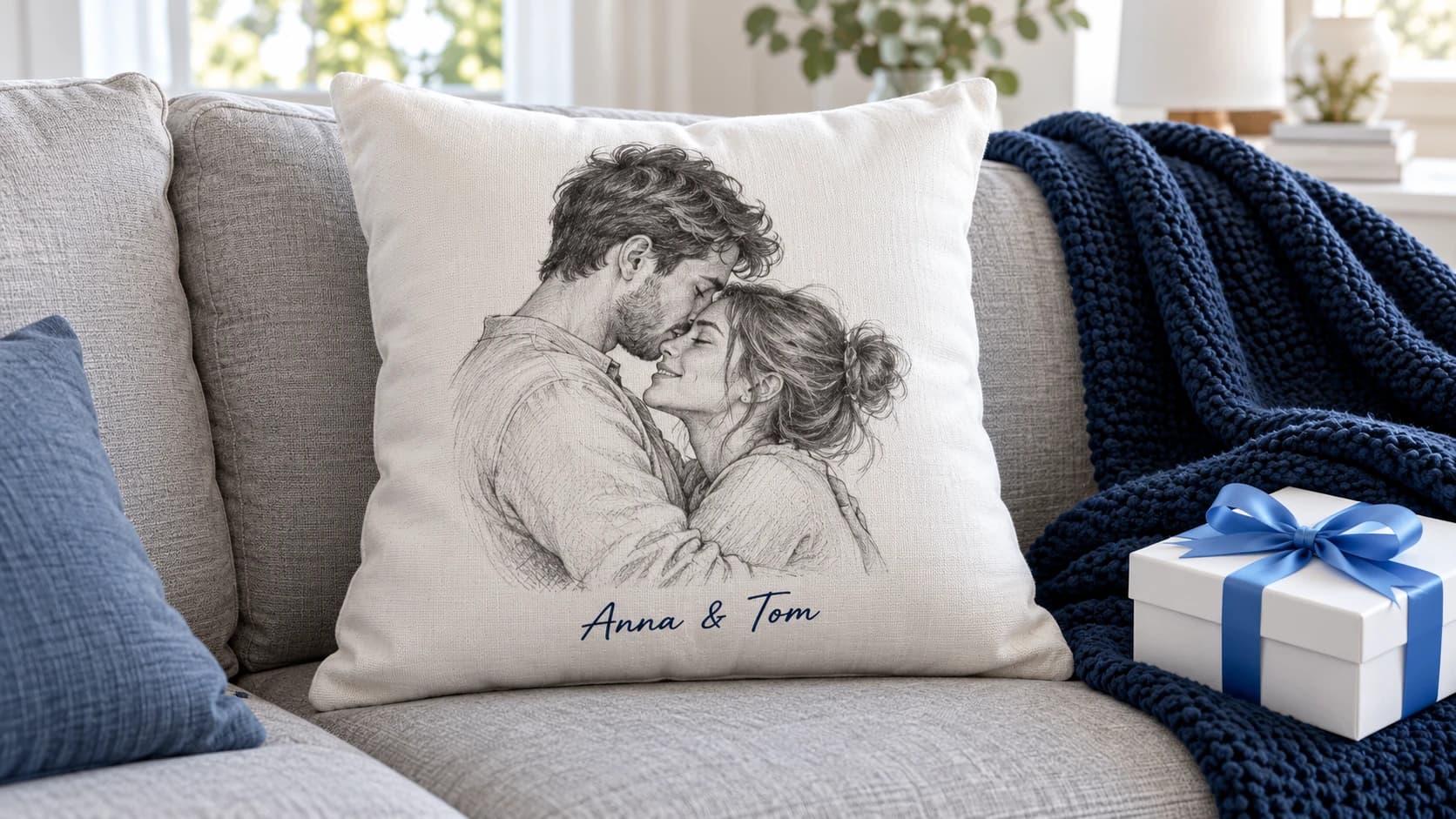 White cushion printed with a pencil sketch of a couple and the names Anna and Tom