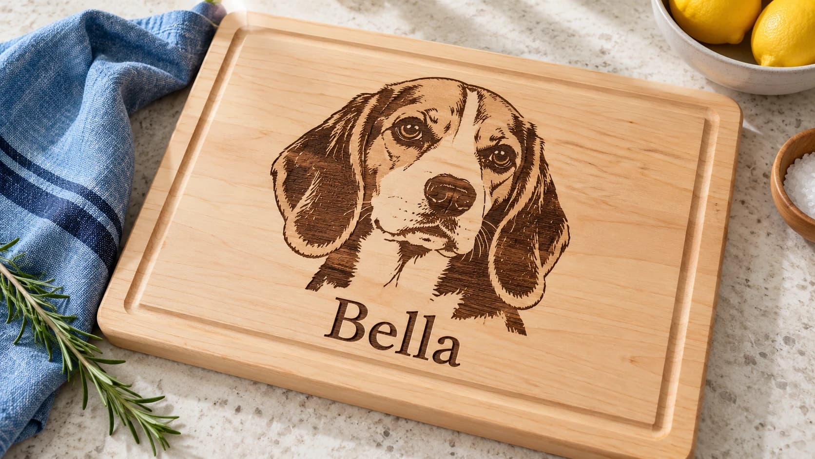 Wooden cutting board with a laser-engraved portrait of a beagle and the name Bella