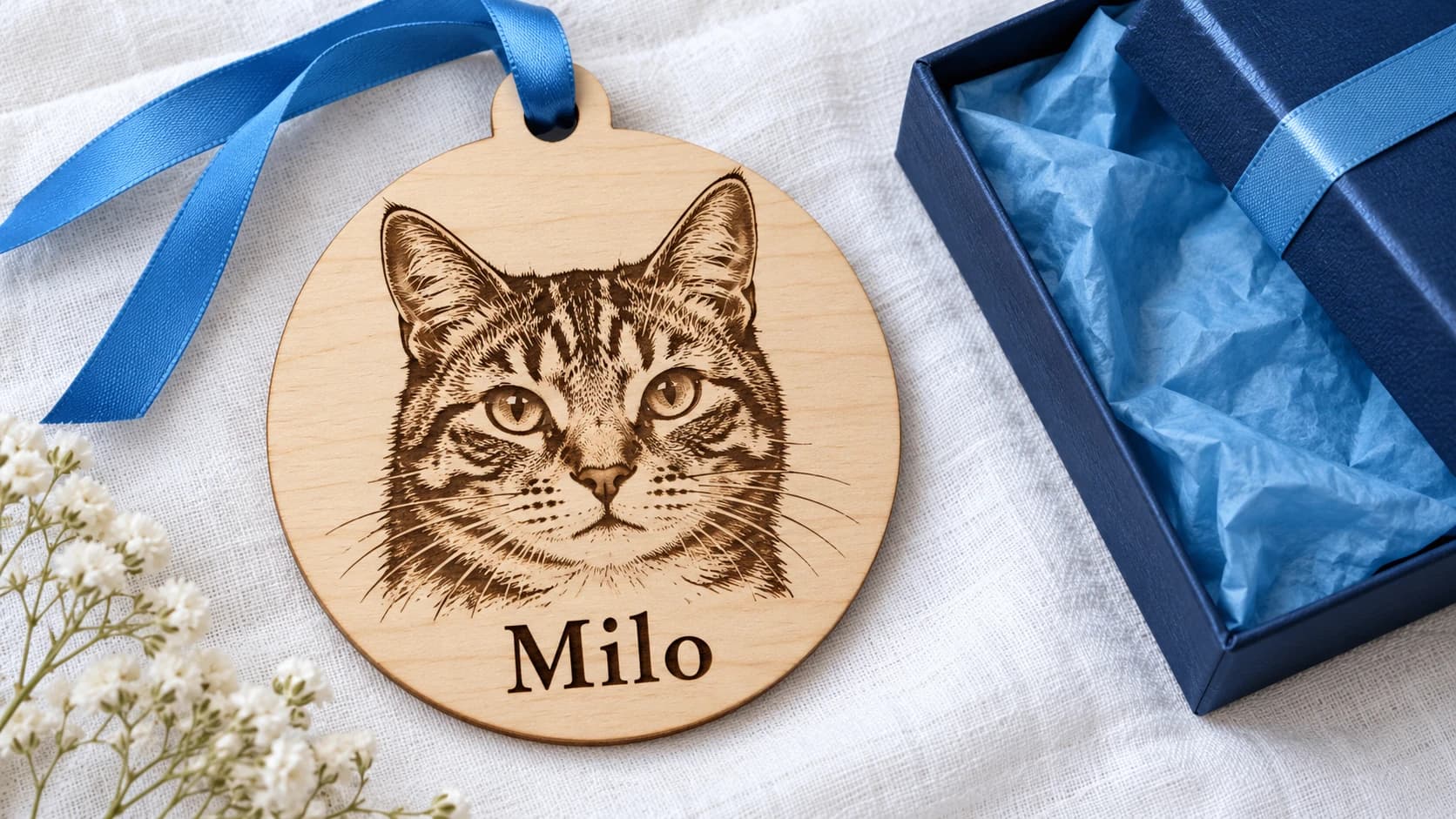 Round wooden ornament with a laser-engraved portrait of a cat and the name Milo