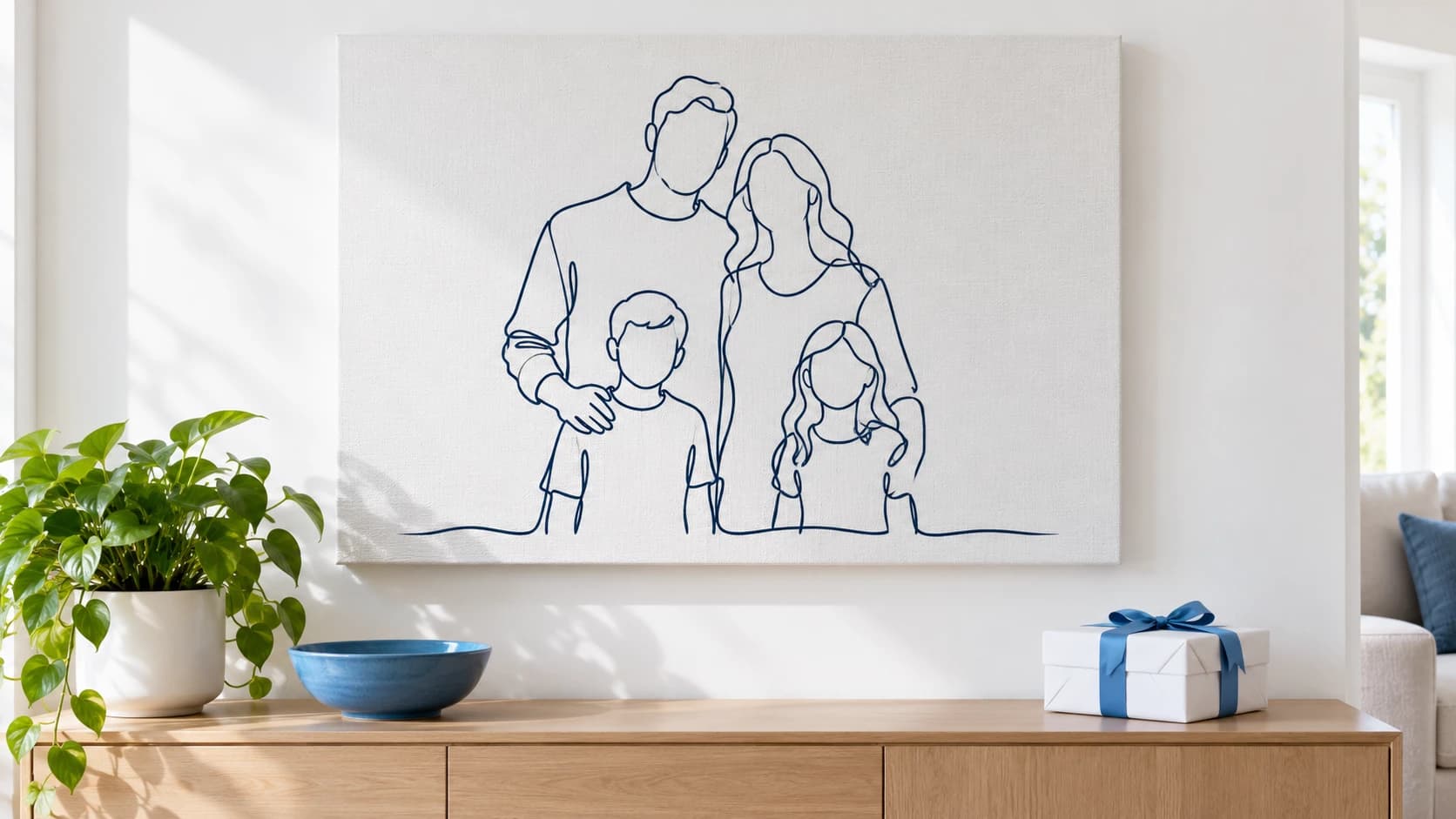 Canvas print with a line-art family portrait above a sideboard