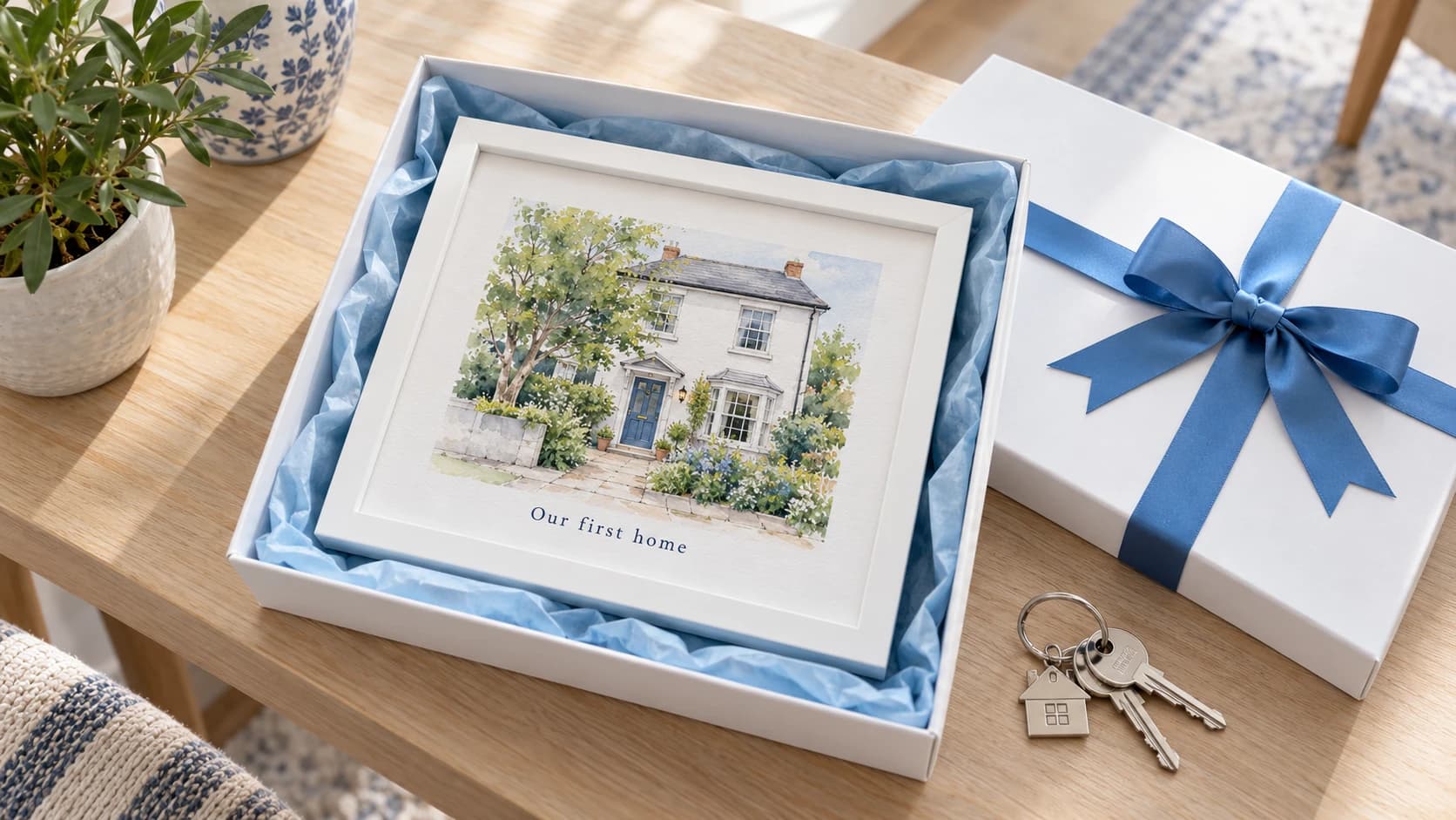 Open gift box with a framed watercolor painting of a house and the words Our first home