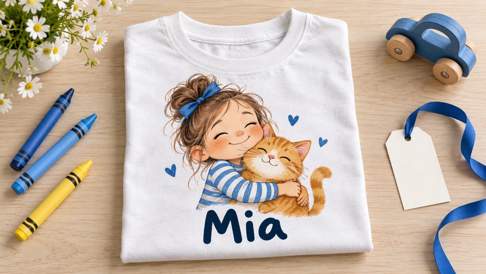 Folded white children's t-shirt printed with a cartoon of a girl and a cat and the name Mia
