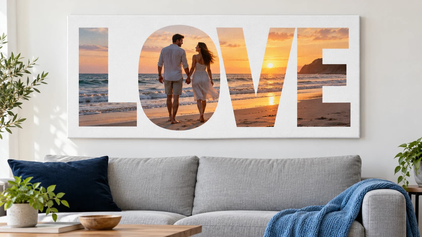 Canvas print with the word LOVE, its letters filled with a beach photo of a couple