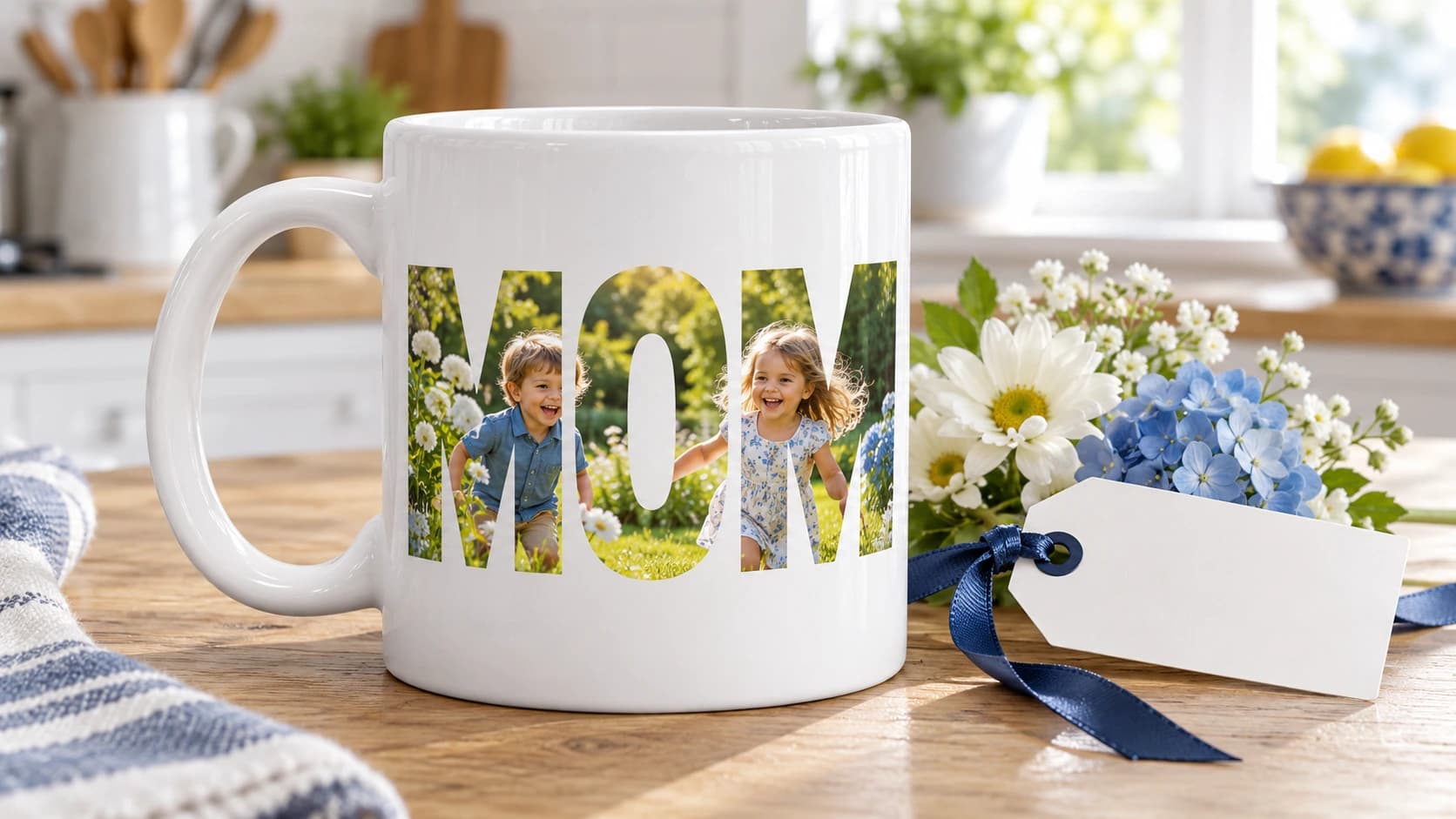 White mug with the word MOM, its letters filled with a photo of two children in a garden