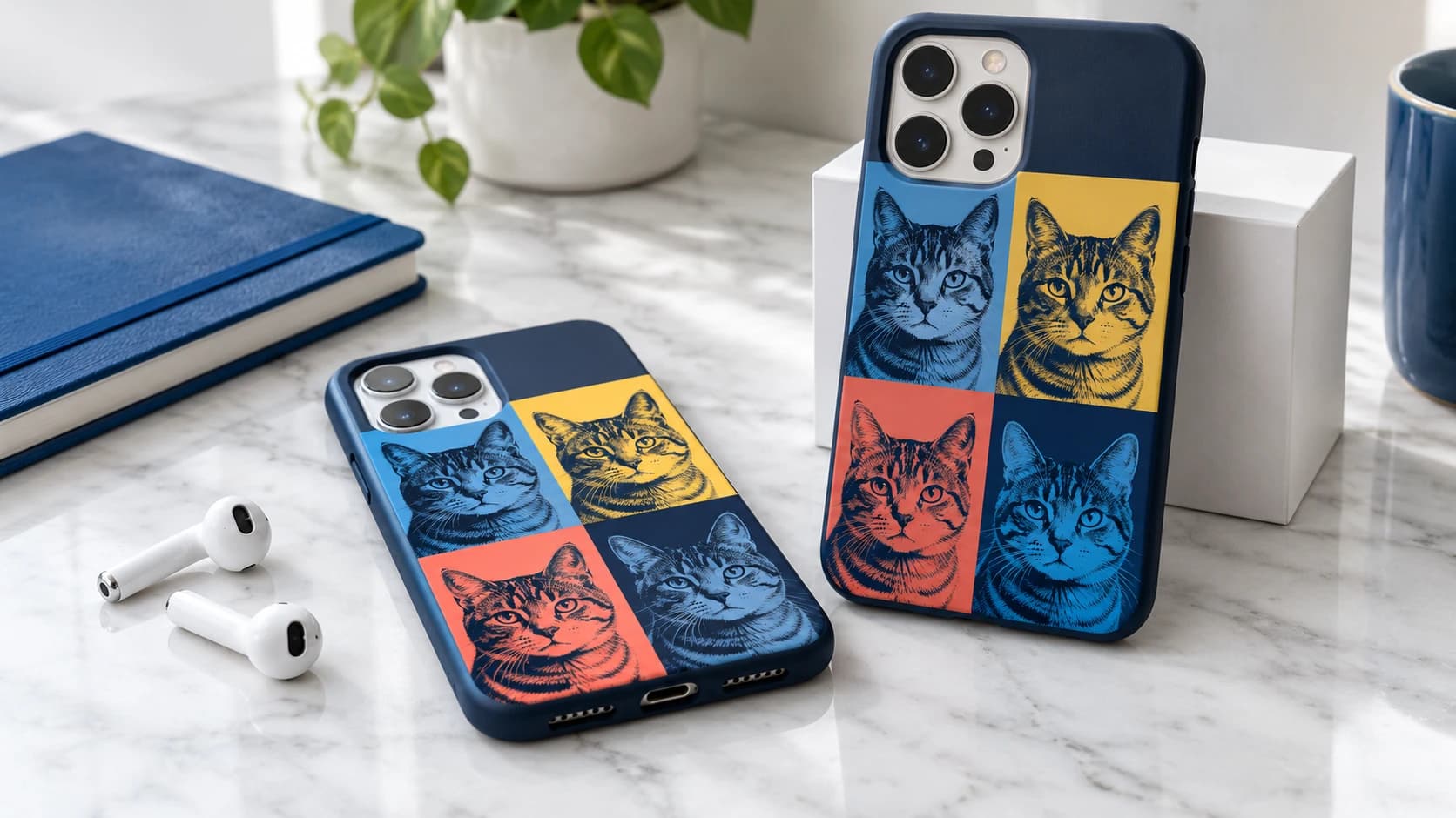 Phone case printed with a four-panel pop art portrait of a tabby cat