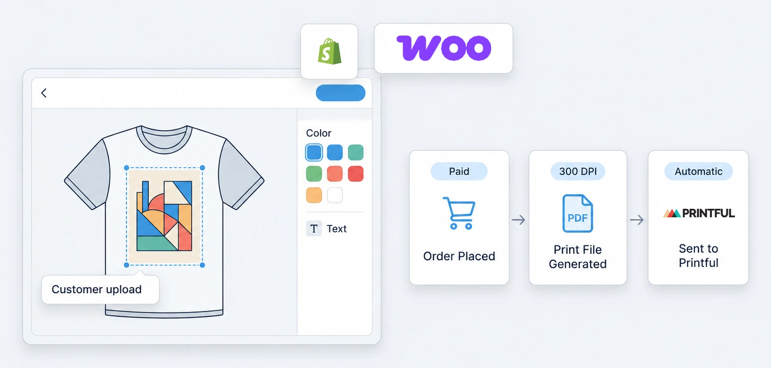 Product customizer with Printful integration showing order-to-print automation workflow on Shopify and WooCommerce