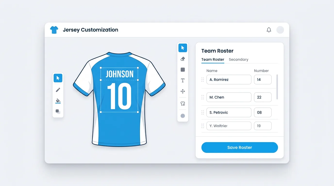 Jersey customization interface with Names & Numbers module showing team roster entry
