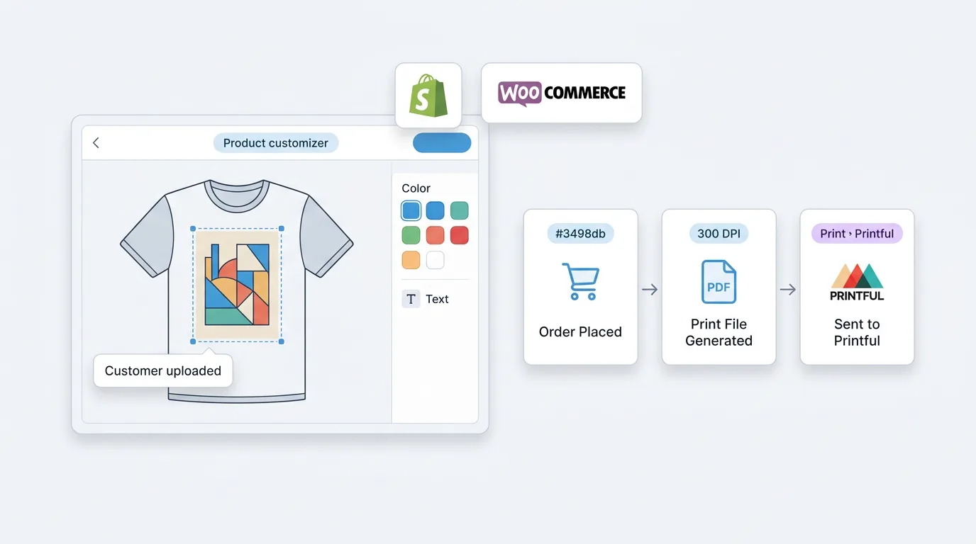 Product customizer with Printful integration showing order-to-print automation workflow on Shopify and WooCommerce