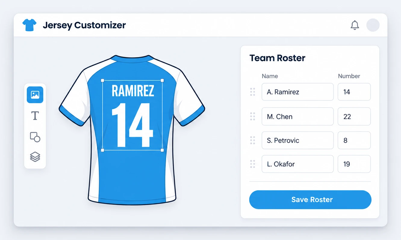 Jersey customization interface with Names & Numbers module showing team roster entry