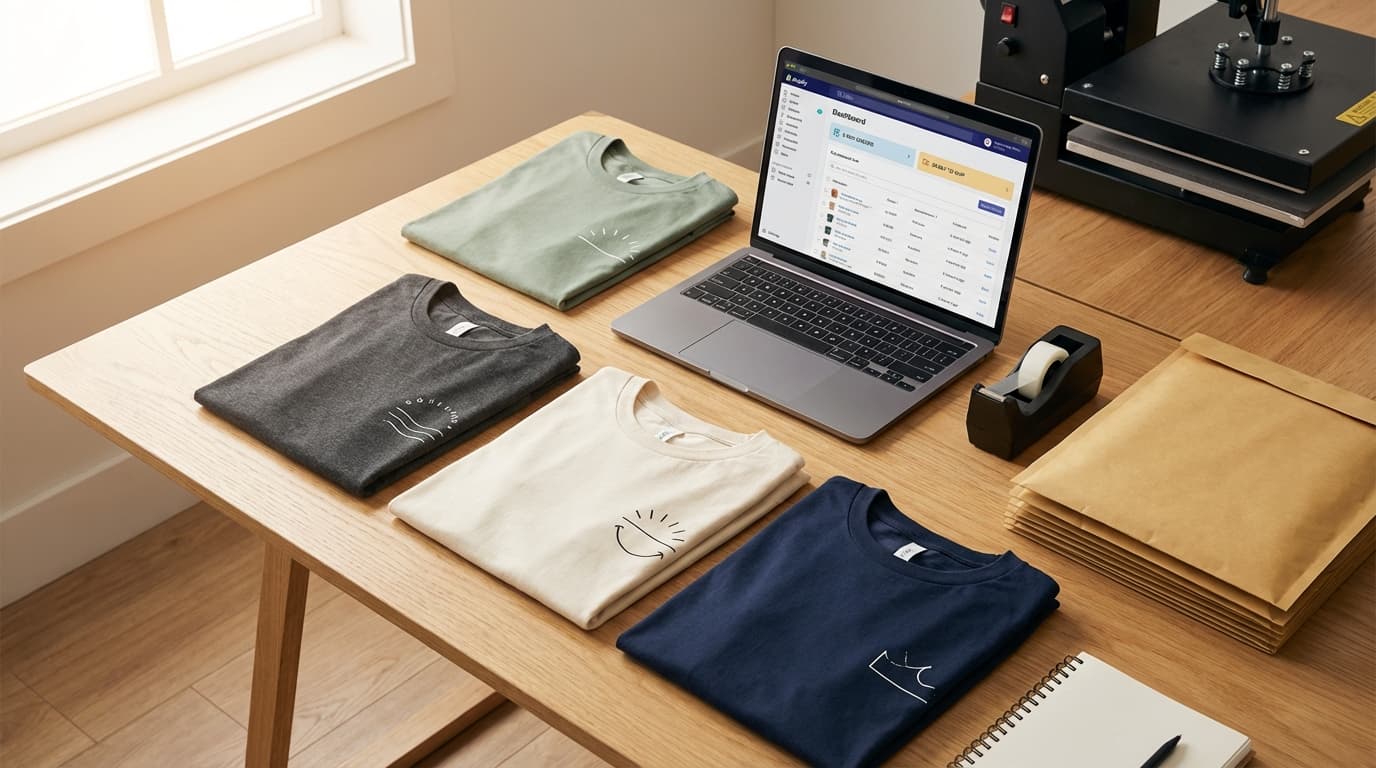 Custom apparel business workspace with printed t-shirts, e-commerce dashboard, and heat press