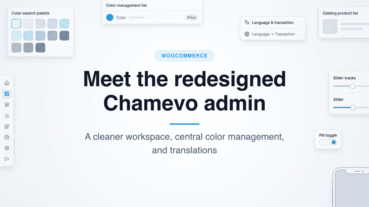 Chamevo blog cover for the redesigned admin interface, with the title over an abstract on-brand product-customizer UI background showing color palette, translation, and catalog fragments
